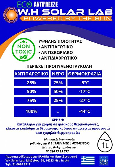 ΑΝΤΙΨΥΚΤΙΚΟ ΜΗ ΤΟΞΙΚΟ ΥΓΡΟ ΗΛΙΑΚΩΝ W-H SOLAR LAB 1LT ΠΡΟΠΥΛΕΝΟΓΛΥΚΟΛΗΣ ΜΗ ΑΡΑΙΩΜΕΝΟ (-44°C)